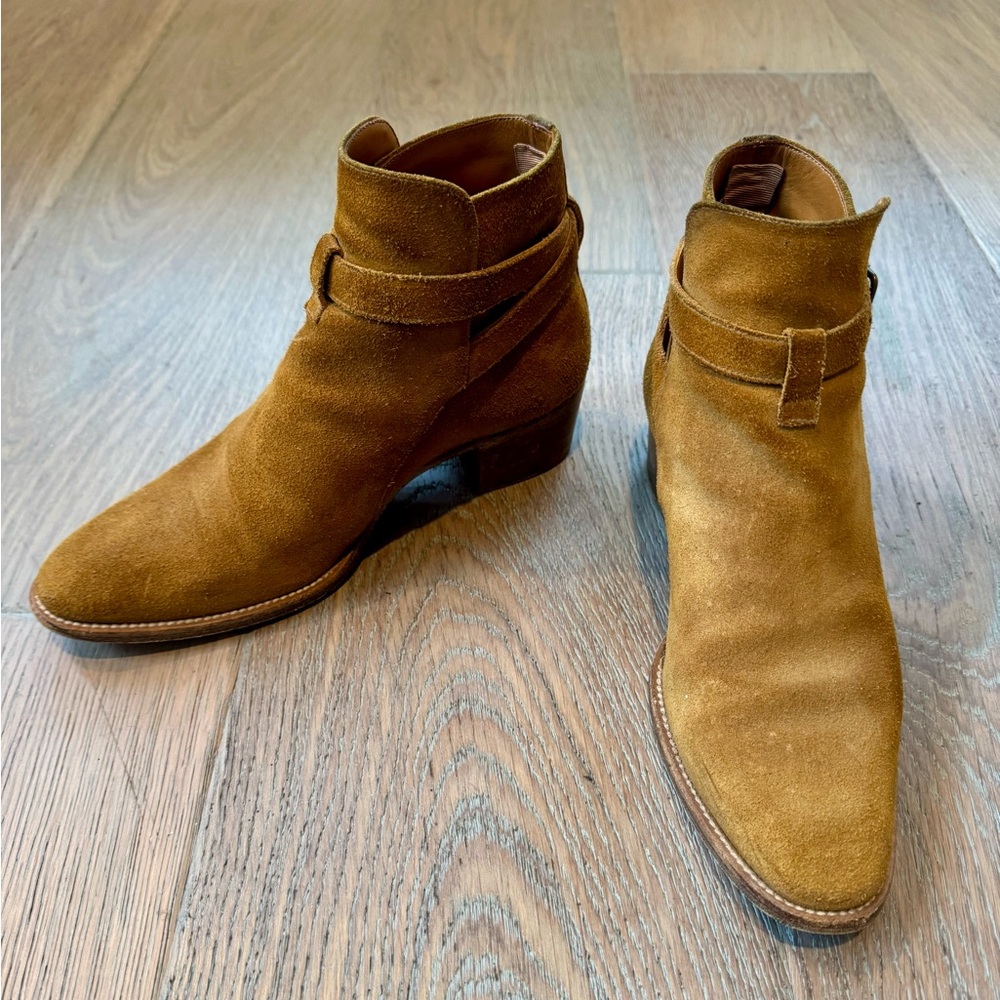 YSL Saint Laurent Women’s Jodhpur Ankle Boots Camel Wrap Ankle Strap Size 35.5